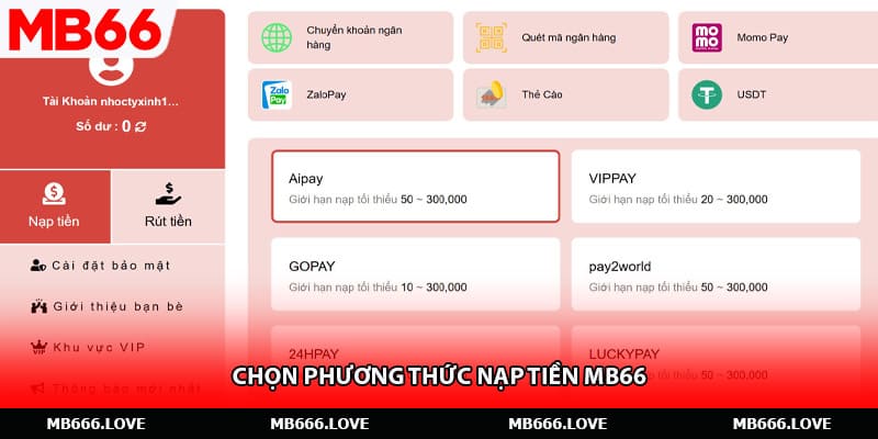 Chọn phương thức nạp tiền MB66